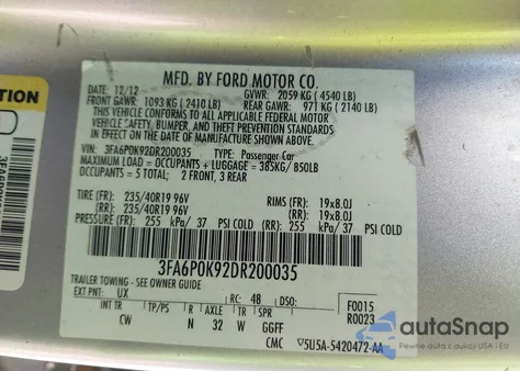 2013 Ford Fusion Titanium z USA, uszkodzony, nr VIN 3FA6P0K92DR200035